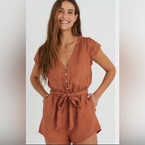 Anthropologie Orange Romper with Tie Waist and V-Neck